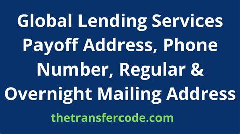 Global lending services overnight payoff address - Contact Discover Personal Loans with any questions on personal loan basics, debt consolidation, or other personal loan topics. ... Loan payment information Log into Account Center ... PO Box 6105 Carol Stream, IL 60197-6105. Overnight payment Discover Personal Loans Attn: Lockbox Operations / 6105 270 Remington Blvd, Suite B Bolingbrook, IL ...